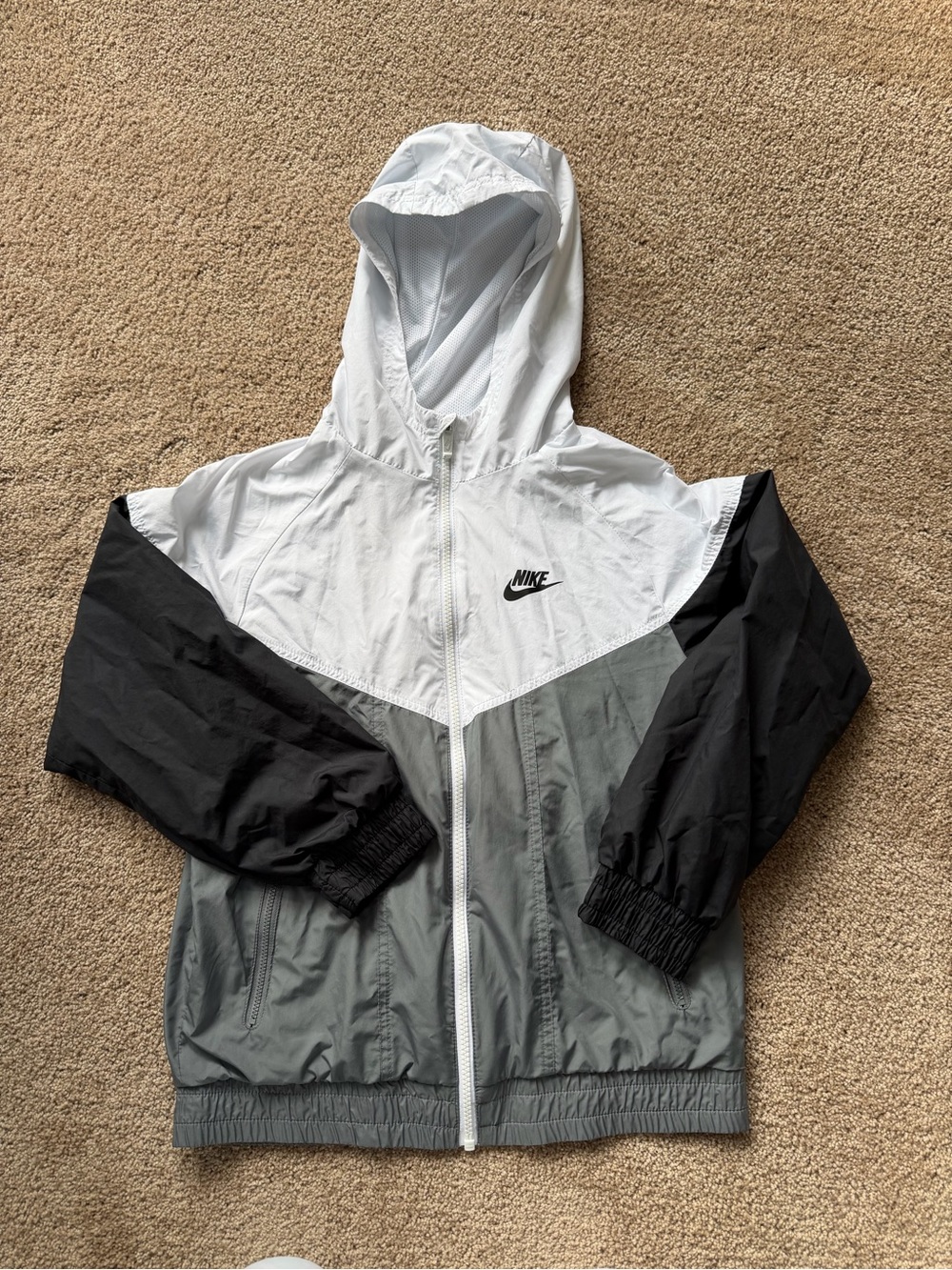 Nike Youth Hooded Colorblock Rain Jacket in White, Gray & Black